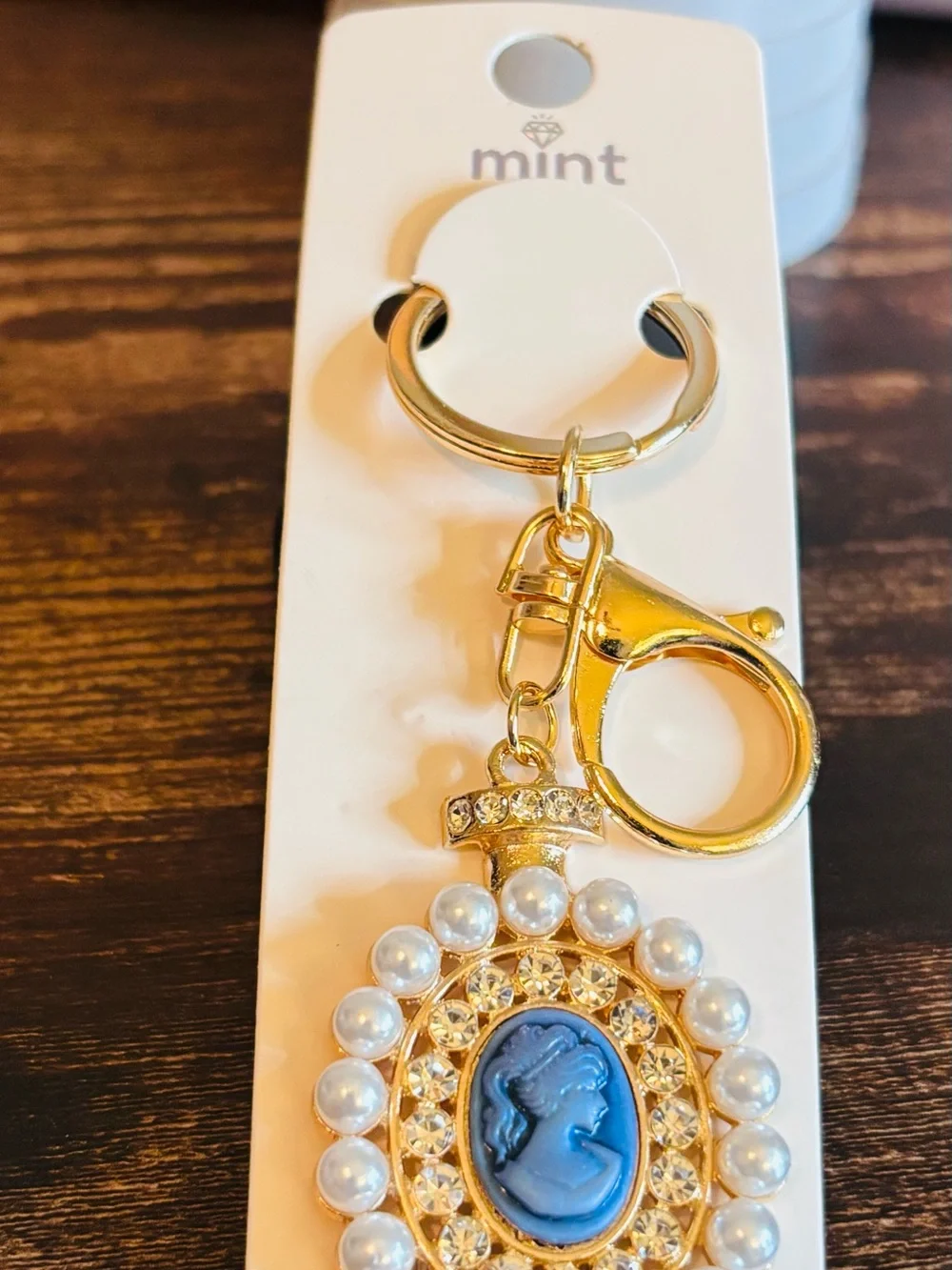 Gold Tone Blue Cameo Keychain with‎ Pearl Accents